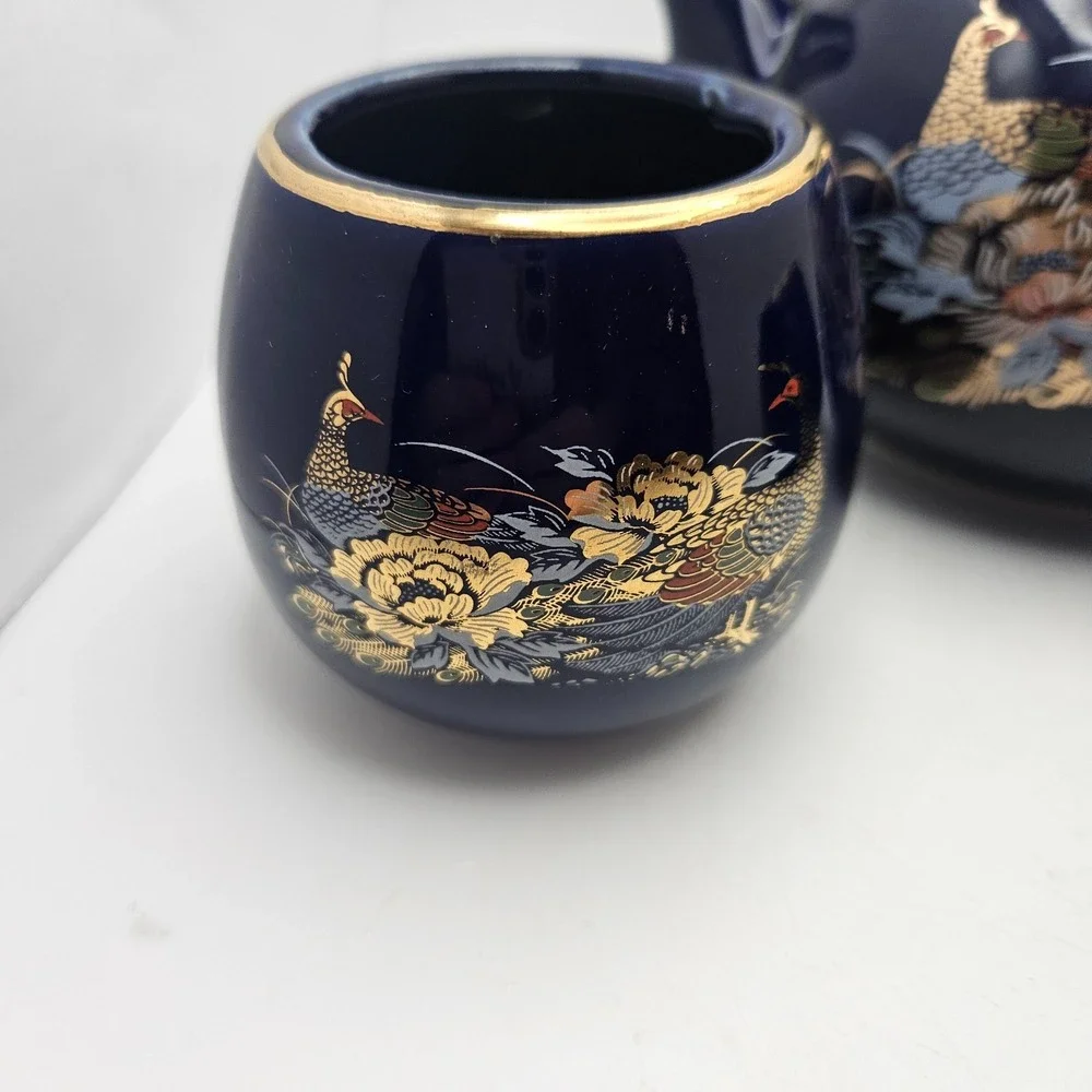 Vintage Cobalt Blue Peacock Tea Set Teapot & 2 Cups Gold Floral